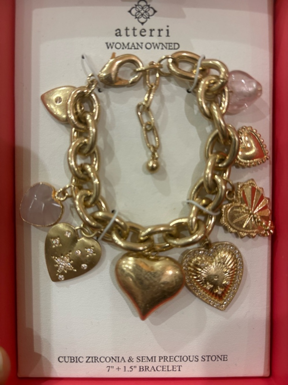 Atterri Gold Heart Charm Bracelet with Pink Accents